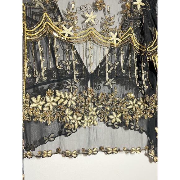 GORGOUS VINTAGE Black Gold Silky Beaded Embroidered Jacket Blouse Top L/XL - Picture 7 of 8